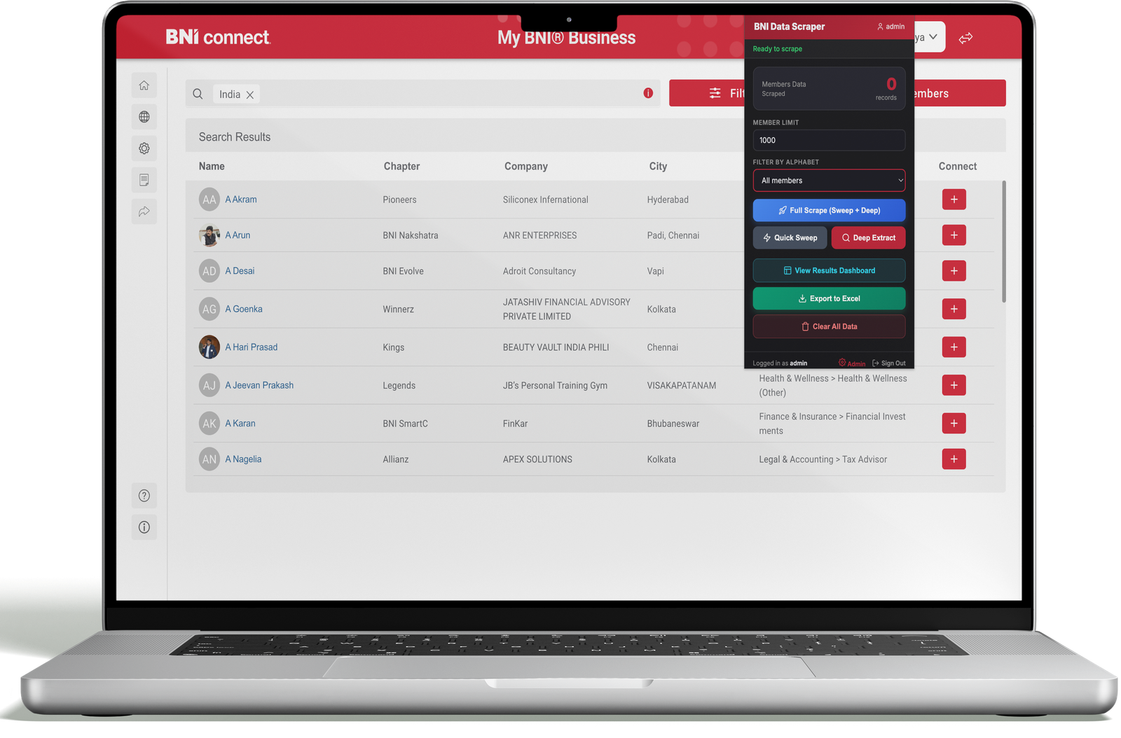 BNI Connect Data Scraper Chrome Extension Dashboard